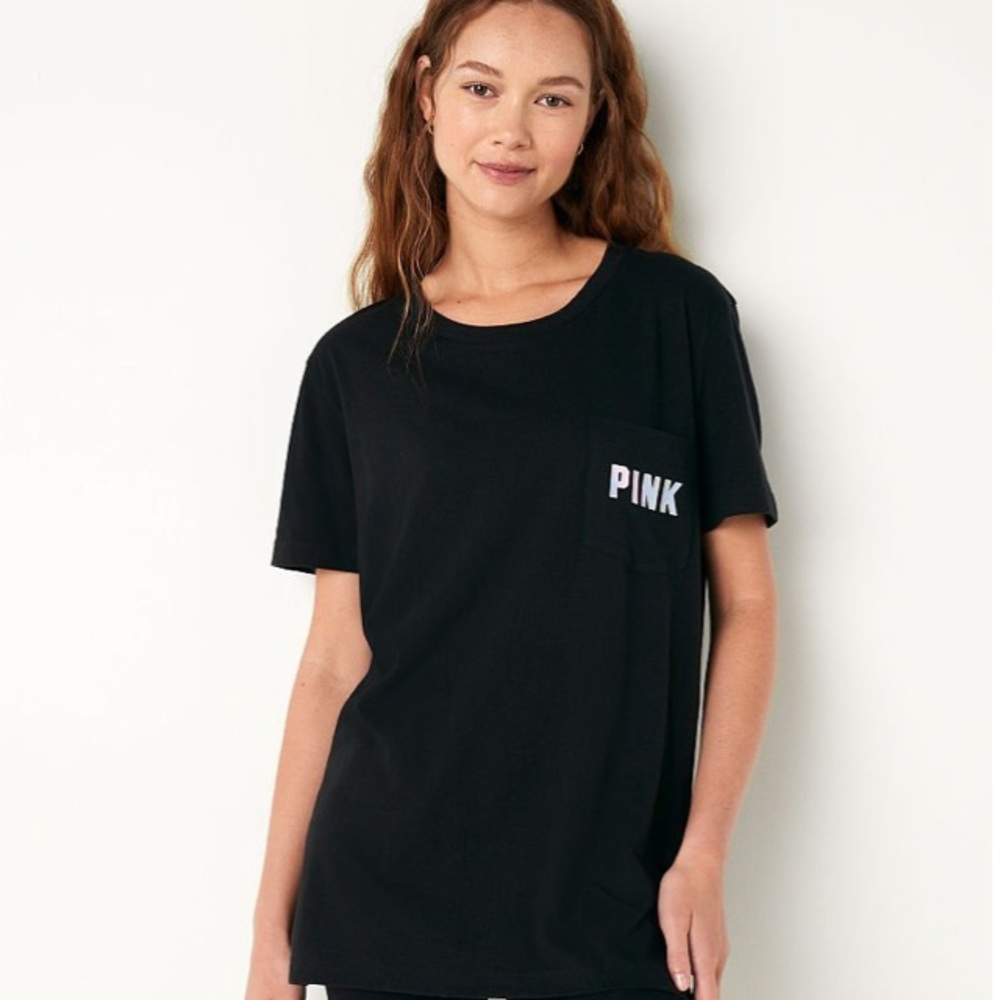 VS VICTORIAS SECRET PINK CAMPUS SHORT SLEEVE TEE TOP BLACK BLUR LOGO M - Picture 4 of 7
